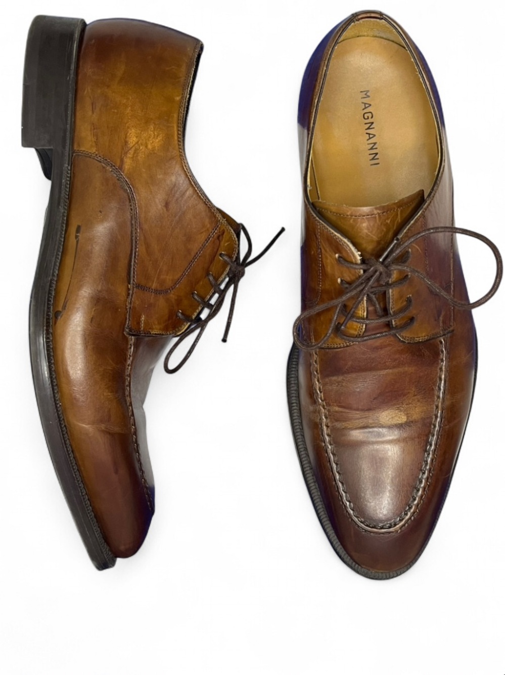 Magnanni Pointed Toe Wingtip Oxford Dress Shoes Size 9.5 Brown Patinaed Leather